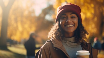 Young black woman on college campus in autumn, holding a coffee