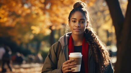 Young black woman on college campus in autumn, holding a togo coffee