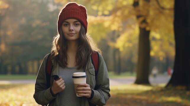 Young woman on college campus in autumn, holding a coffee cup