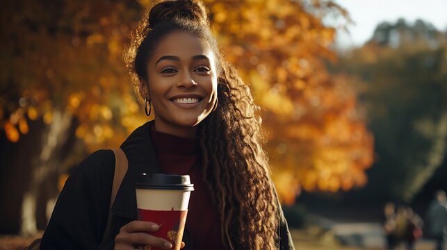 Young black woman on college campus in autumn, holding a coffee