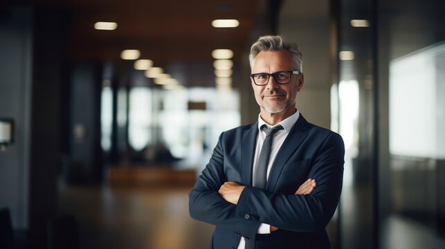 Portrait of a Male businessman executive in a suit standing in his office. 