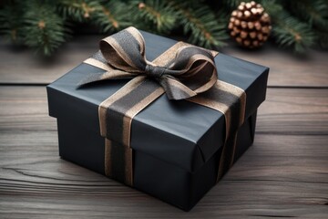 Gift box with gold ribbon top view. Black Friday Sale and Christmas present