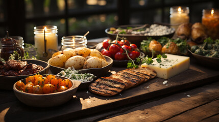 Festive appetizers with a spread of comfort food, well decorative in warm and inviting mood and tone with warm lighting, collection of delicious food background