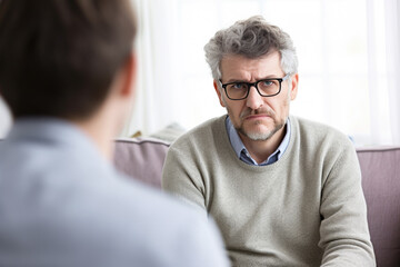 Man talking to the therapist, receiving counselling with his mental health issues.