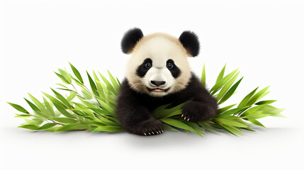 Cute sit panda on bamboo sprig. isolated on a white background