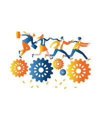 Flat Style Art Illustration Of 4 Corporate People Working With Business Gears And Money Vector