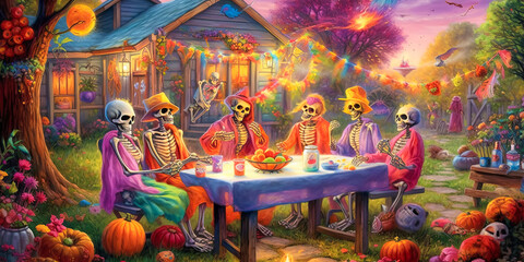 illustration of skeletons which sitting at festive table and celebrating Halloween. Halloween party