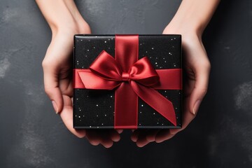 Gift box with red ribbon in female hands top view. Black Friday Sale