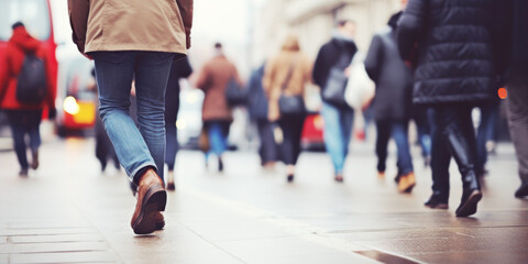 Naklejka premium Motion blurred people legs crossing the pedestrian in New York city