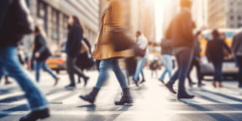 Motion blurred people legs crossing the pedestrian in New York city - obrazy, fototapety, plakaty