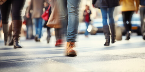 Motion blurred people legs crossing the pedestrian in New York city