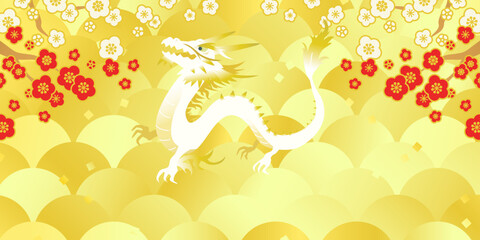 Fototapeta premium 辰と松 ゴールド背景 バナー コピースペース ( 1:2 横 文字なし )