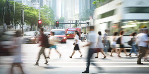 Motion blurred people crossing the pedestrian in Singapore - obrazy, fototapety, plakaty