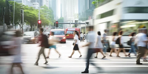 Fotobehang Motion blurred people crossing the pedestrian in Singapore © Jasmina