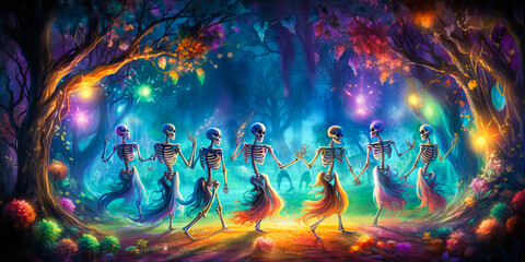 Obraz na płótnie Canvas illustration of skeletons which dancing on Halloween disco party
