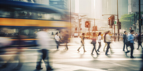 Motion blurred people crossing the pedestrian in New York City - obrazy, fototapety, plakaty