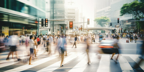  Motion blurred people crossing the pedestrian in Singapore - obrazy, fototapety, plakaty