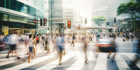 Zelfklevend Fotobehang  Motion blurred people crossing the pedestrian in Singapore © Jasmina