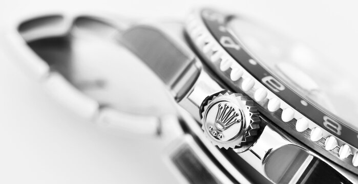 Bangkok Thailand- July 23,2023 : Close-up view of the side of a Rolex watch GMT-Master II "Batman"40mm Steel Ceramic Men's Wrist watch , black and white 