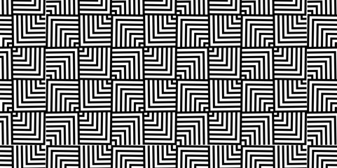 Seamless geometric pattern with circle wave lines black seamless steel material geomatics overloping create retro square line backdrop pattern background. Overlapping Pattern with Transform Effect.