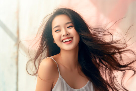 beautiful asianwoman with long hair smiling on bright background, smiling portrait. asian, chinese, japan. pretty. illustration created with AI