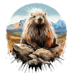 A serene and contemplative scene featuring a Watercolor Porcupine T-shirt Design, the porcupine sits atop a mountain peak, Generative Ai