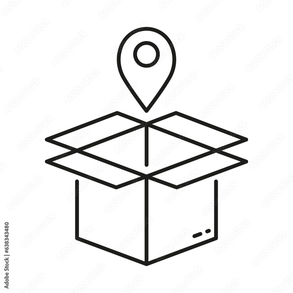 Poster order location outline symbol. pointer with box, shipping sign. pick up package line icon. delivery 