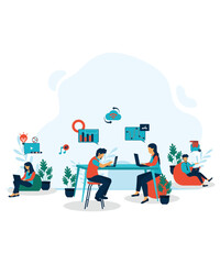 Simple Flat Style And Working Illustration Of 4 Company People Solving On Business Problems