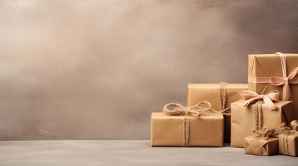 Group of Gifts Wrapped in Rustic Brown Paper with Twine Accents , Christmas, aesthetics, wide banner with copy space area  
