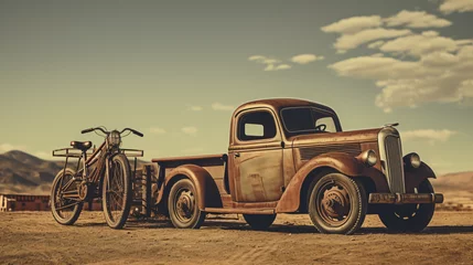 Fototapeten Retro styled image of an ancient bike and truck © franklin
