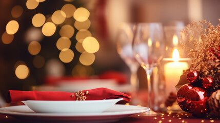 Close-Up of a Table Set with Elegant Christmas Dinnerware and Centerpiece , Christmas, aesthetics, wide banner with copy space area  
