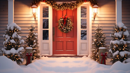 Fototapeta na wymiar Wreath-Adorned Front Door with Snow-Covered Porch and Warm Glow , Christmas, aesthetics, wide banner with copy space area 