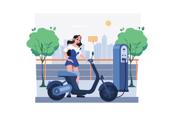 Woman charges the electric bike at Electronic Vehicle center