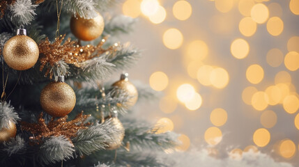 Naklejka na ściany i meble Christmas Tree Adorned with Shimmering Silver and Gold Ornaments , Christmas, aesthetics, bokeh, wide banner with copy space area 