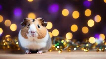 Cute Guinea Pig Sporting a Ugly Christmas Sweater with Colorful Lights , Christmas, wide banner with copy space area  