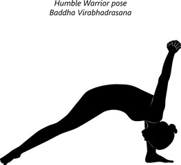 Silhouette of young woman practicing yoga, doing Humble Warrior pose. Baddha Virabhadrasana. Standing and Forward Bend. Intermediate. Isolated vector illustration.