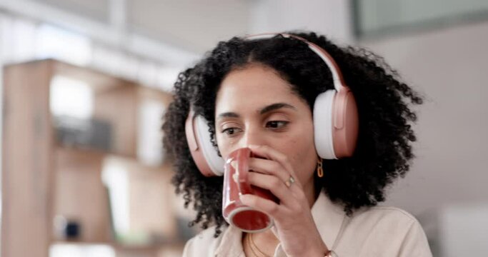 Remote work, laptop and woman with music headphones in home office for web, search and productivity. Freelance, social media and female influencer streaming radio, podcast or audio while typing blog