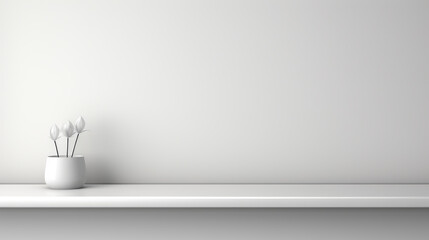 Fototapeta na wymiar This is a universal minimalistic background that can be used for product presentations. White empty shelf on a light gray wall.