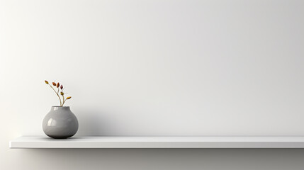 This is a universal minimalistic background that can be used for product presentations. White empty shelf on a light gray wall.