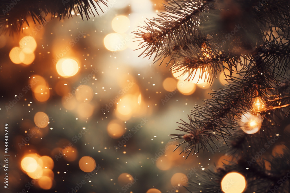 Poster delicate bokeh lights creating a magical atmosphere amongst pine needles , christmas tree branches, 