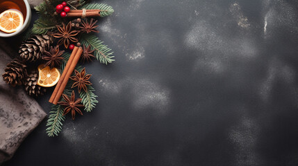 Warm Blanket with Snowflakes, Cinnamon Sticks, and a Cup of Mulled Wine , Christmas background, texture, top view, wide banner with copy space area Generative AI