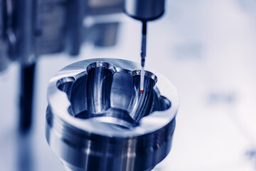 Working Coordinate Measuring machine probe CMM on milling work. Sensor quality control after machining CNC industrial metal