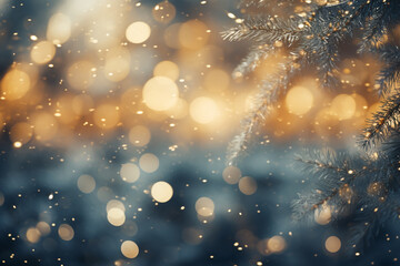 Fototapeta premium Glittering Lights Creating a Mesmerizing Backdrop for Christmas Tree Needles , Christmas tree branches, bokeh 
