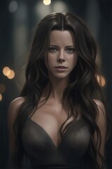 a still from a movie, a Kate Beckinsale with long hair, bokeh, photo, 8k, dark, dynamic action, pale washed out style, cracked lens, dreamy nostalgic, soft focus, dark vignetting, light leaks, medium 