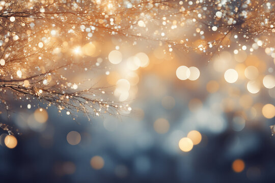 Glittering Lights Creating a Mesmerizing Backdrop for Christmas Tree Needles , Christmas tree branches, bokeh  