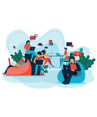 Lazy Flat Art Working Illustration Of 6 Company People Solving On Business Problems