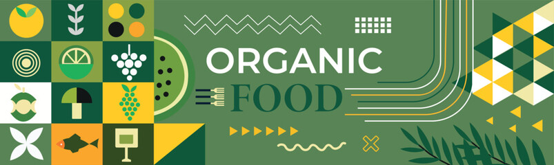 Organic food banner in flat style. Fruits and cereals Abstract geometric retro shapes .Great for flyer, web poster, natural products presentation templates, cover design.