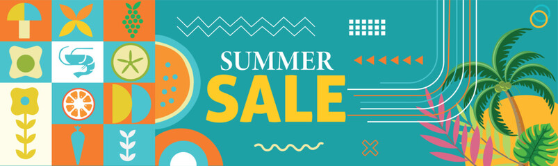 Summer sale, hot season symbols in geometry style.Posters,flyers design for covers,web,invitation for shopping.Template offer of big discounts deals.