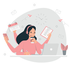 Multitasking concept. Businesswoman busy working in the office. Woman with many arms sitting at her laptop in office and doing many tasks at the same time.  Multitasking skills
