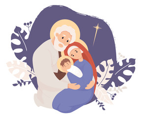 Merry Christmas. Holy Family. Virgin Mary and Joseph and baby Jesus Christ. Birth of Savior. Vector illustration in flat style for holiday design, decor, postcards.